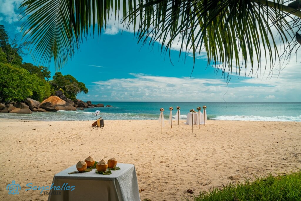 Friss kókusz italok, bevonuló folyosó és gitár kottaállvánnyal Anse Louis tengerparton.