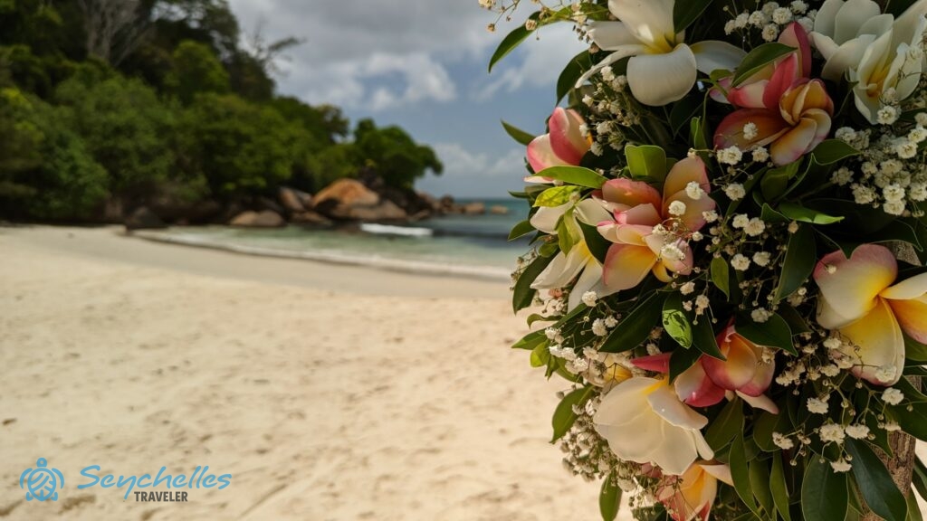 Trópusi virágokból készült viráginstalláció az Anse Louis tengerparton felállított boldogságkapuról.